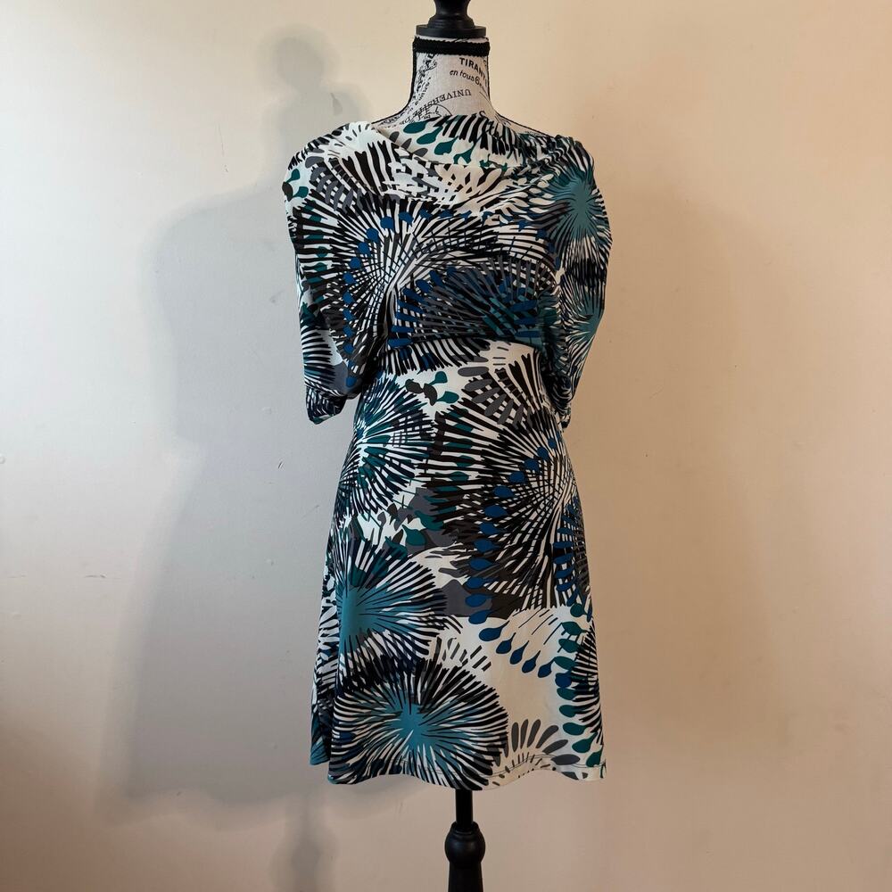BCBGMAXAZRIA Dress Women’s L Blue Green Abstract Print 3/4 Sleeve Ruched